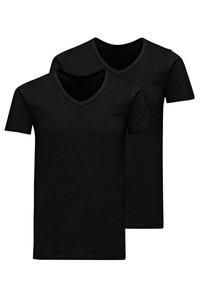 Due magliette a V nere in cotone, con maniche corte, una texture liscia e una vestibilità classica, senza alcun motivo o logo visibile.