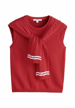 Ärmellose rote Strickweste mit passendem Zopfstrickpullover, der über die Schultern gelegt und gebunden ist, mit weißen Streifen an den Ärmeln.