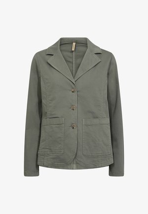 Oliivroheline kergest materjalist jakk, millel on klapiga krae, kolm nööpi ja kaks esist kotti. Pehme kangas ja lõdvestunud disain.