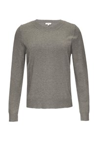 Grå långärmad stickad tröja med rund halsringning och ribbade manschetter och nederkant, visad på vit bakgrund.