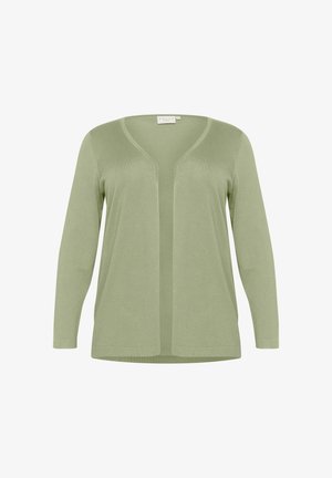 Jasnozielony kardigan z długimi rękawami, otwarty z przodu i o prostym wzorze. Miękka tekstura, gładki materiał i brak widocznych wzorów lub ozdób.