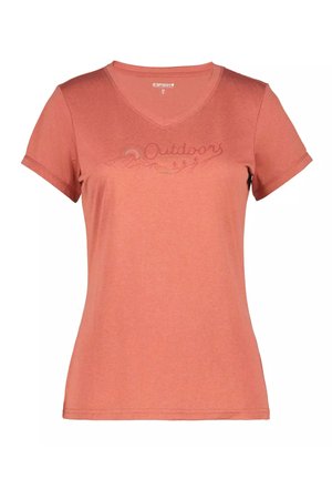 Kurzärmeliges T-Shirt mit V-Ausschnitt in rostiger Farbe mit subtiler Berg- und Wanderweg-Grafik und dem Wort „Outdoors“ auf der Brust.