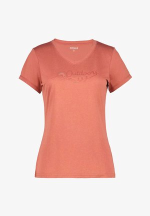 Kurzärmeliges T-Shirt mit V-Ausschnitt in rostiger Farbe mit subtiler Berg- und Wanderweg-Grafik und dem Wort „Outdoors“ auf der Brust.