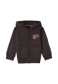 Sudadera con cremallera de color marrón oscuro, con un gráfico frontal que dice "Edición Limitada" y dos bolsillos delanteros; material de algodón suave y puños acanalados.