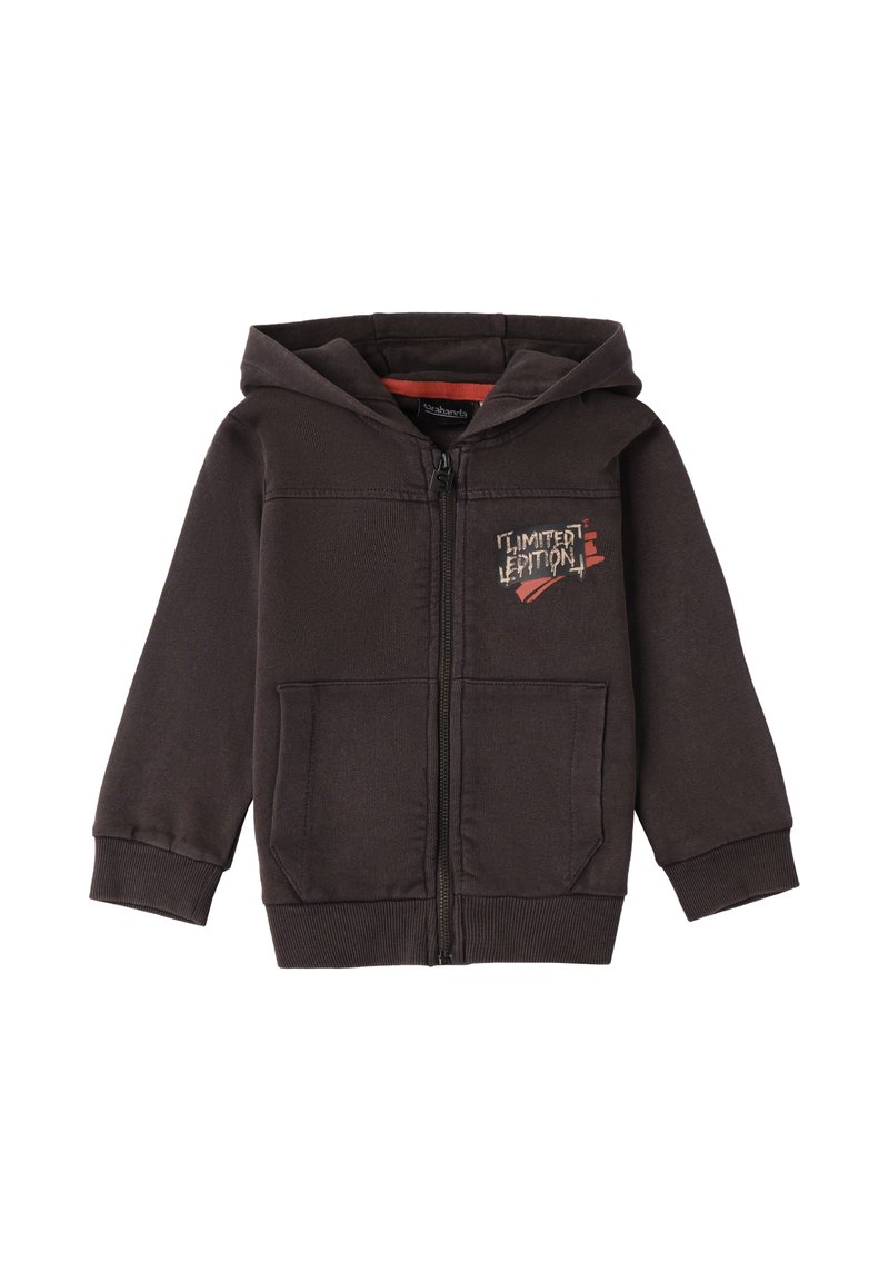 Sudadera con cremallera de color marrón oscuro, con un gráfico frontal que dice "Edición Limitada" y dos bolsillos delanteros; material de algodón suave y puños acanalados.