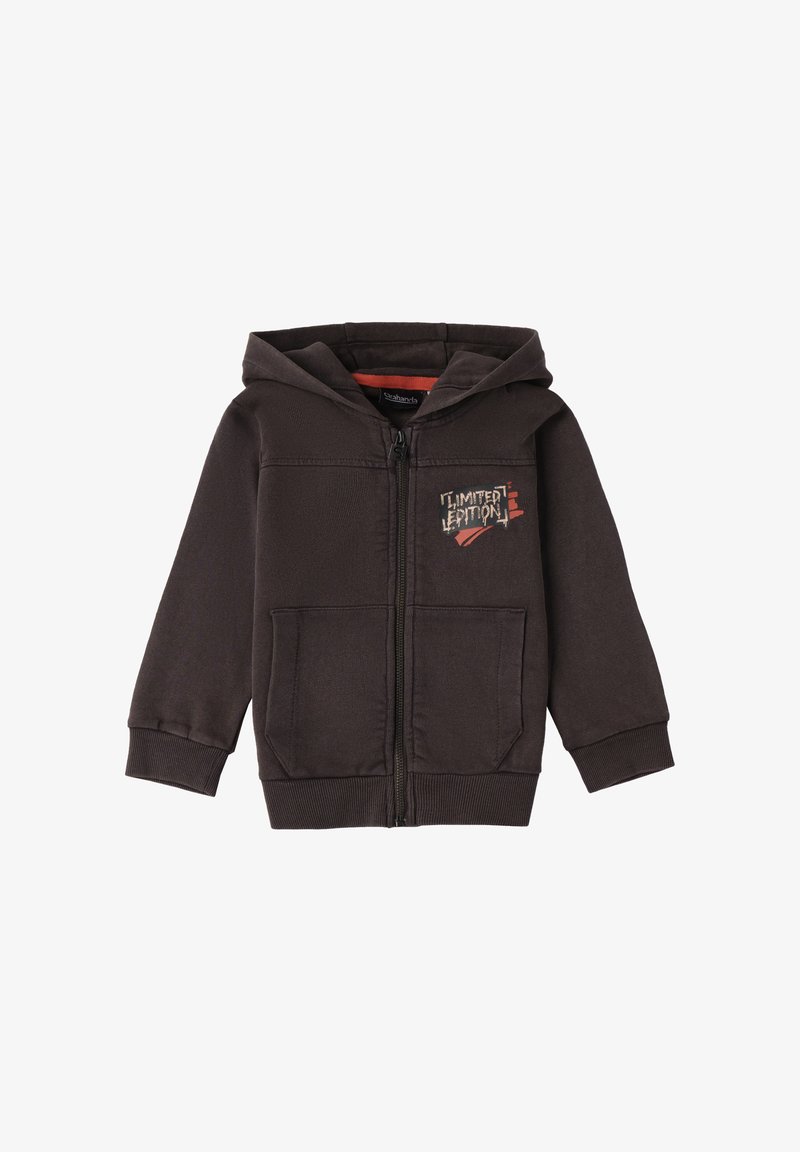 Felpa con zip di colore marrone scuro, con una grafica frontale che recita "Edition Limitée" e due tasche frontali; materiale in cotone morbido e polsini a coste.