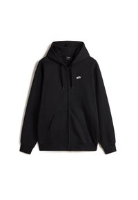 Czarny rozpinany hoodie wykonany z miękkiego materiału, z przednią kieszenią, regulowanym kapturem na sznurki i małym logo na piersi.