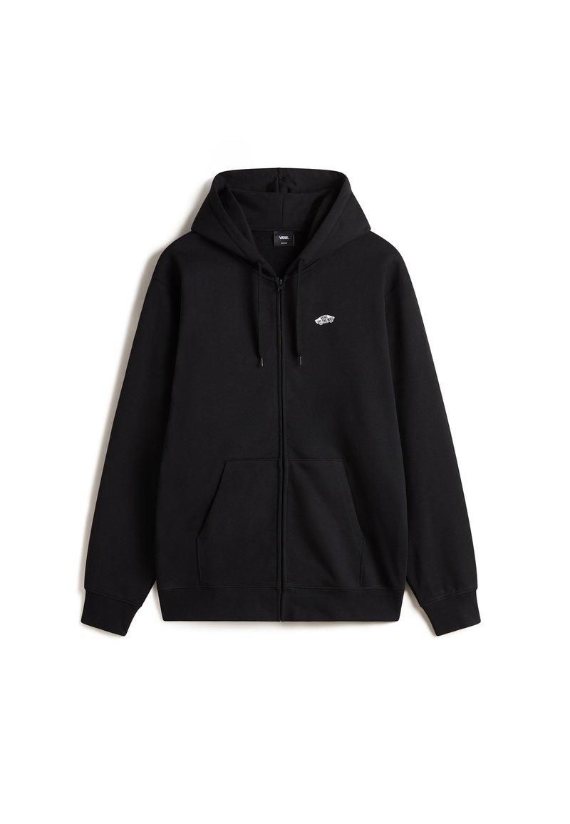 Czarny rozpinany hoodie wykonany z miękkiego materiału, z przednią kieszenią, regulowanym kapturem na sznurki i małym logo na piersi.