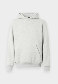 Gray hoodie made from soft fabric, featuring a front pocket, ribbed cuffs, and hem. It has a drawstring-adjustable hood.