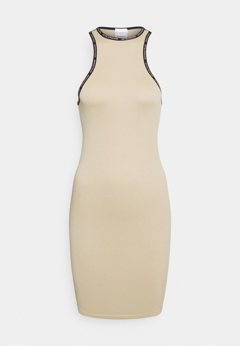 Vestido sem mangas bege com gola alta, detalhes em preto, ajuste bodycon e textura suave. Apresenta detalhes em logo ao longo da gola.