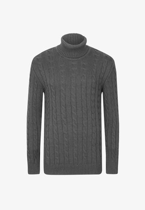 Grauer Kabelstrick-Turtleneck-Pullover mit Rippdetails, lange Ärmel und hohem Kragen, aus weichem Strickstoff gefertigt.