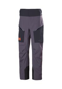 Pantalon de plein air gris foncé avec poches cuisses zippées noires et ceinture ajustable, arborant un logo orange sur la poche gauche.