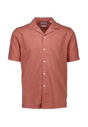Camicia a maniche corte con colletto in una tonalità corallo chiaro. Realizzata in tessuto strutturato con chiusura frontale con bottoni e cinque bottoni bianchi.