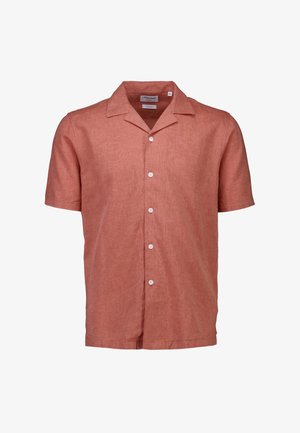 Camicia a maniche corte con colletto in una tonalità corallo chiaro. Realizzata in tessuto strutturato con chiusura frontale con bottoni e cinque bottoni bianchi.