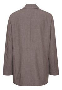 Blazer lungo grigio-marrone con un leggero motivo strutturato, mostrato dal retro su uno sfondo bianco.