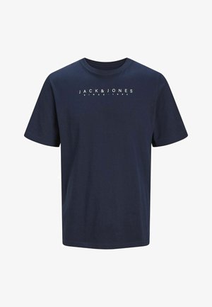 T-shirt in cotone blu navy con maniche corte e scollo rotondo, con la scritta bianca "JACK & JONES" sul petto.