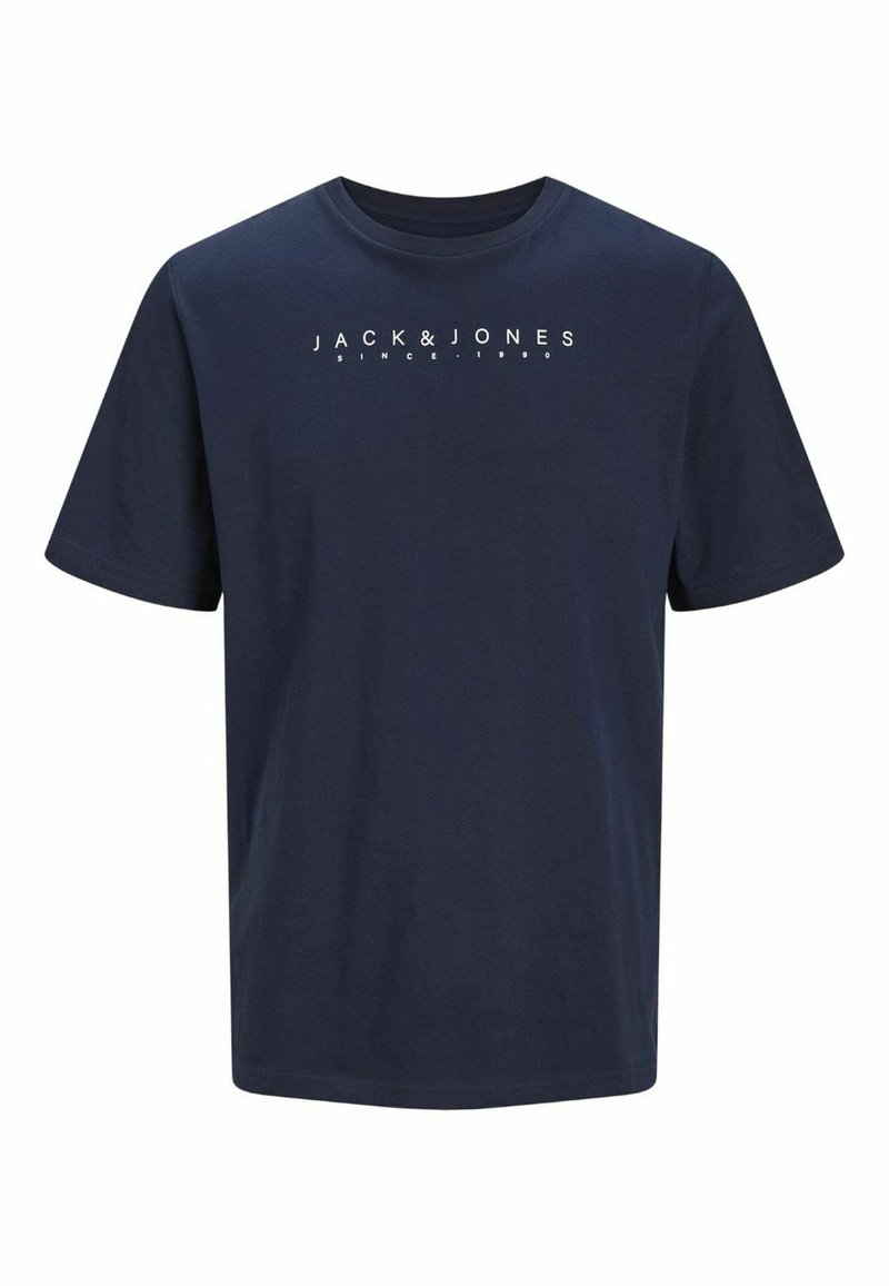 T-shirt in cotone blu navy con maniche corte e scollo rotondo, con la scritta bianca "JACK & JONES" sul petto.