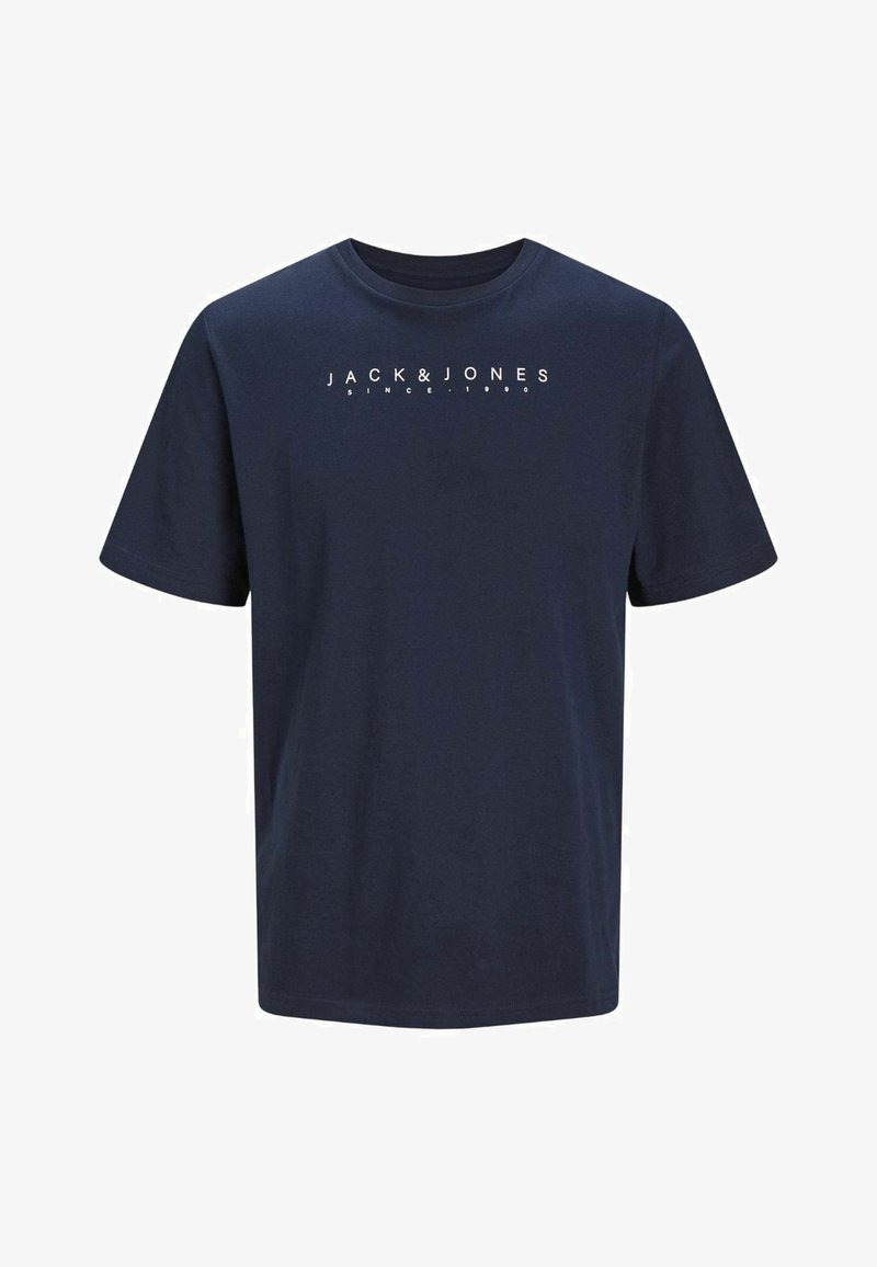 T-shirt in cotone blu navy con maniche corte e scollo rotondo, con la scritta bianca "JACK & JONES" sul petto.