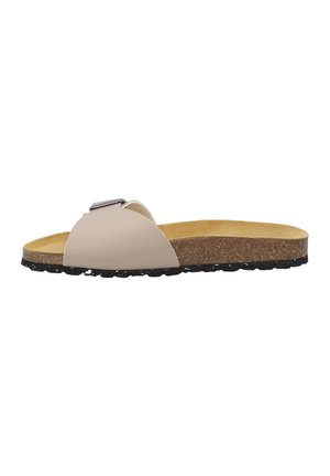 Beige single-strap slide sandal with cork footbed, black textured sole, and adjustable metal buckle on strap.