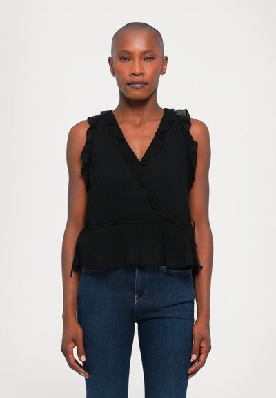 Haut sans manches noir avec un décolleté en V, des accents froncés et un ourlet peplum. Fabriqué en tissu léger, présentant une finition texturée.