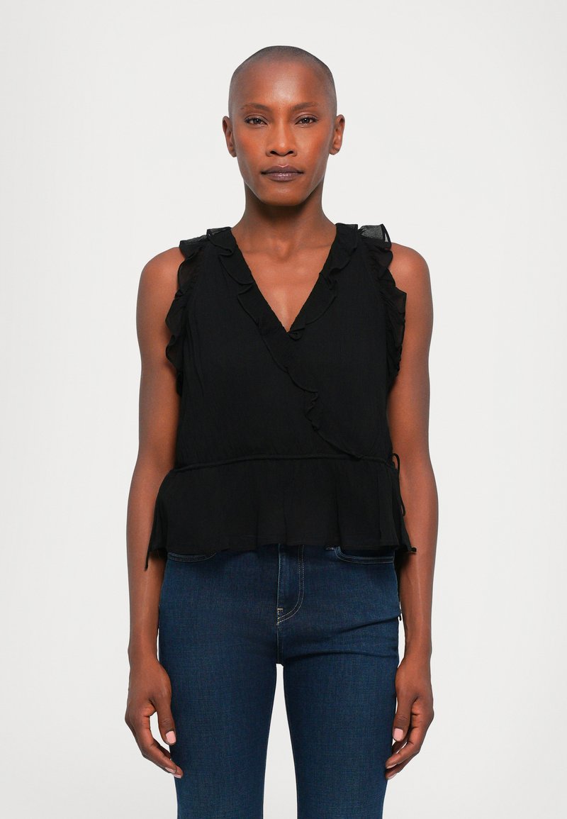 Zwarte mouwloze top met een V-hals, gerimpelde accenten en een peplum onderkant. Gemaakt van lichte stof, met een gestructureerde afwerking.