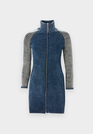 Denim dress with a high collar, full zipper, and striped knit sleeves. Features a fitted silhouette with a mid-length hem.