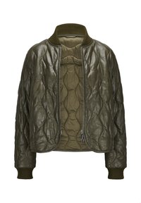 Olivgr�üne Lederbomberjacke mit gestepptem Design, geripptem Kragen und Bündchen, Frontreißverschluss und glatter Innenauskleidung.