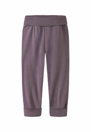 Pantalon violet doux pour tout-petit avec une large ceinture élastique et des revers sur fond blanc.