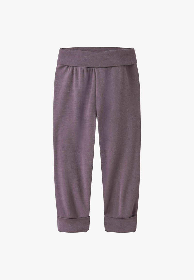 Pantalon violet doux pour tout-petit avec une large ceinture élastique et des revers sur fond blanc.