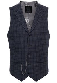 Chaleco de cuadros azul marino con textura sutil, cinco botones y un detalle de cadena. Presenta un cuello con muesca y bolsillos laterales. El forro interior es gris.