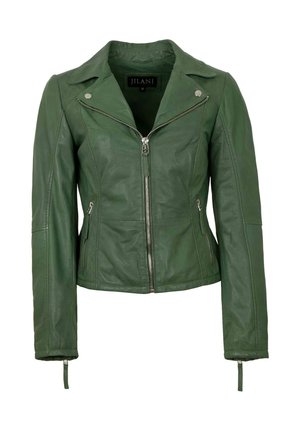Grüne Leder-Motorradjacke mit asymmetrischem Reißverschluss, Druckknopfkragen und seitlichen Reißverschlusstaschen. Mit taillierten Ärmeln und einer glatten Textur.