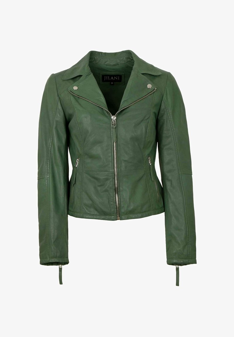 Grüne Leder-Motorradjacke mit asymmetrischem Reißverschluss, Druckknopfkragen und seitlichen Reißverschlusstaschen. Mit taillierten Ärmeln und einer glatten Textur.