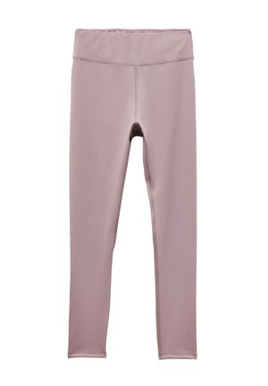 Roze leggings gemaakt van rekbaar materiaal, met een brede tailleband en naadloze constructie, ontworpen voor comfort en beweging.