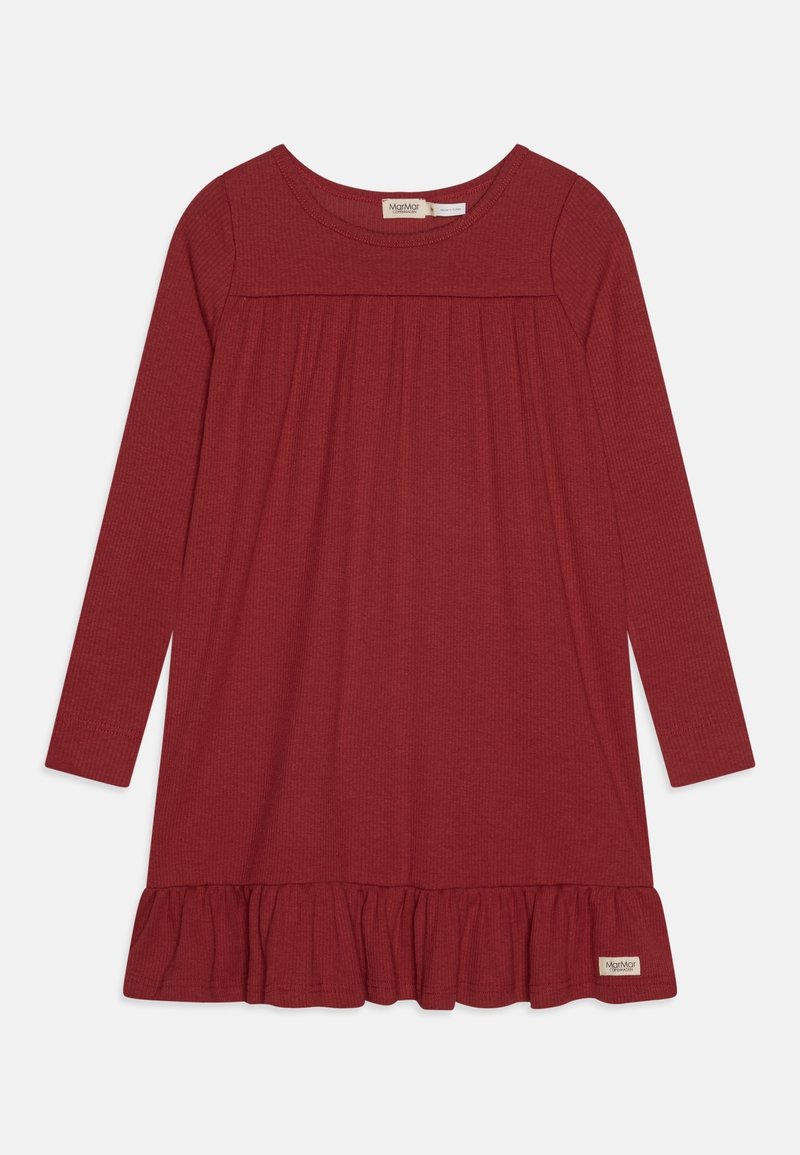 Robe pour enfant à manches longues, de couleur rouge foncé, avec col rond et ourlet volanté, en tissu côtelé.