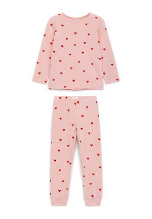 Ensemble pyjama rose à manches longues avec pantalon, motifs de petits cœurs rouges dispersés, taille élastique au pantalon.