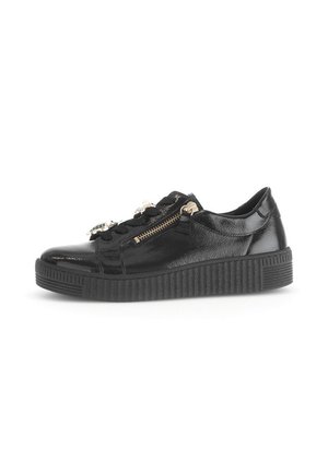 Black synthetic sneaker with a smooth, shiny texture, featuring a side zipper, lace closure, and a ridged rubber sole.