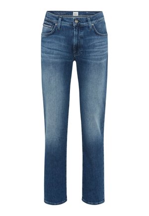 Blaue Jeans aus Denim mit geradem Schnitt, ausgestattet mit einem vorderen Knopfverschluss, fünf Taschen und einem verwaschenen blauen Waschung für einen lässigen Look.