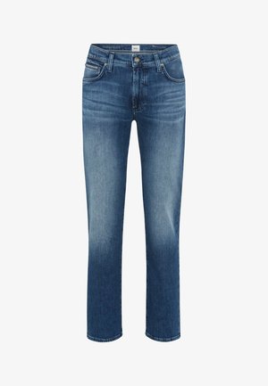 Jeans in denim blu con taglio dritto, dotati di chiusura frontale con bottoni, cinque tasche e lavaggio blu sbiadito per un look casual.