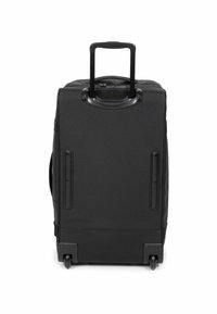Black wheeled suitcase with a sturdy handle, smooth texture, and side panels; features durable wheels for easy mobility.