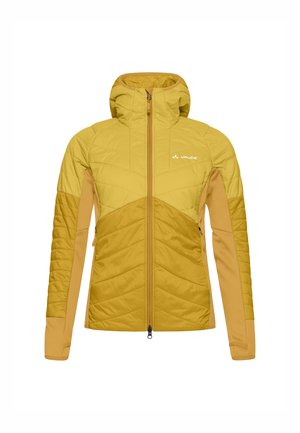 Gelbe gepolsterte Jacke mit einem Reißverschluss vorne, Kapuze, horizontalen Nähten und Seitentaschen. Hergestellt aus einer Mischung aus strukturierten und glatten Materialien.