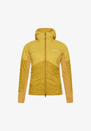 Veste rembourrée jaune avec fermeture éclair sur le devant, capuche, coutures horizontales et poches latérales. Fabriquée à partir d'un mélange de matériaux texturés et lisses.