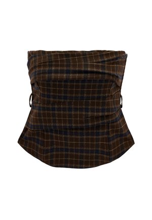 Corset bustier sans bretelles à carreaux marron et bleu marine, avec une silhouette structurée et ajustée, et des détails de boucles sur les côtés.