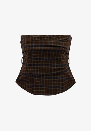 Brązowy i granatowy w kratę gorset bez ramiączek o zbudowanej, dopasowanej sylwetce z bocznymi klamrami.