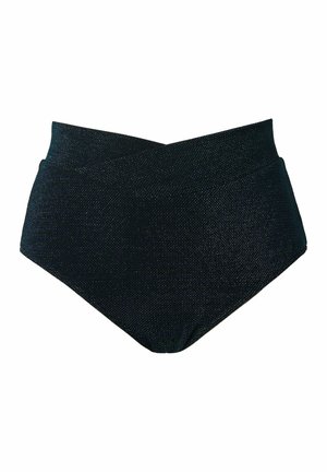 Zwarte, hoog getailleerde, gestructureerde bikinibroekje met een subtiele glans en een licht gebogen tailleband.