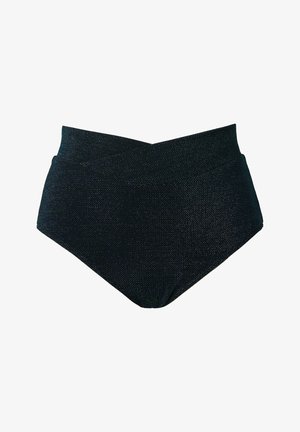 Černý texturovaný spodní díl bikin s vysokým pasem, jemným třpytem a mírně zakřiveným pasem.