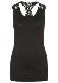 Schwarzes ärmelloses Oberteil aus glattem Stoff, mit einem Rückendesign aus Spitze mit filigranen Mustern und gewellten Kanten.