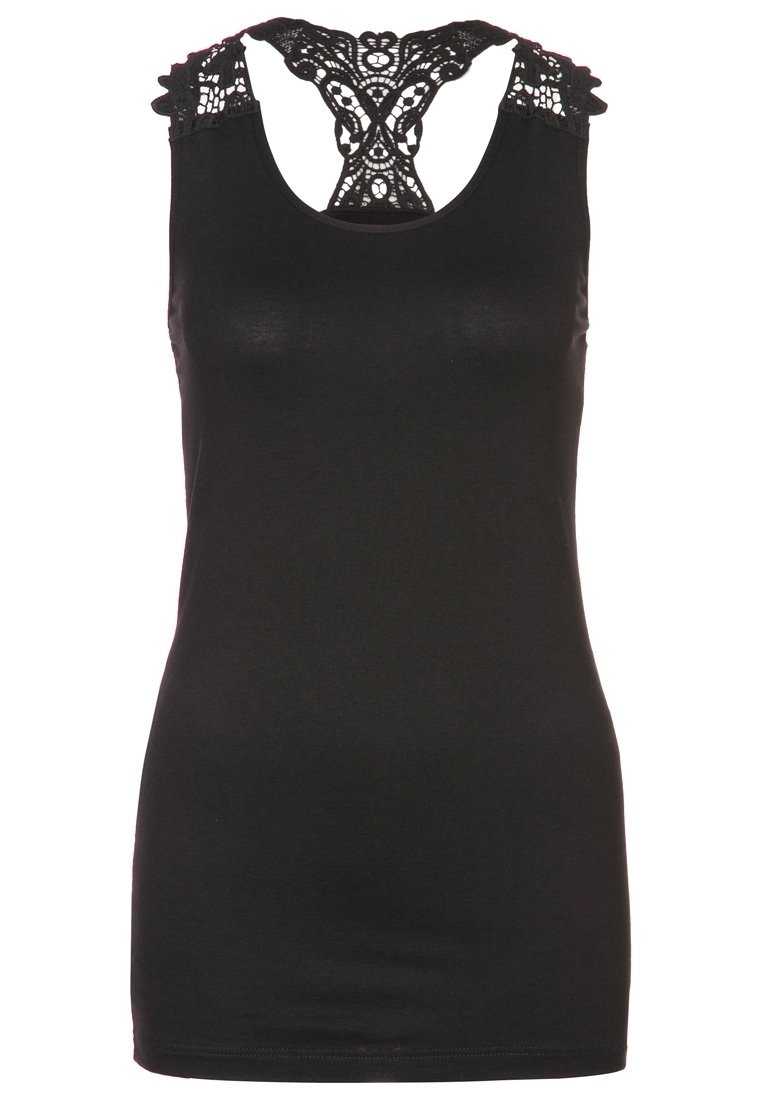 Schwarzes ärmelloses Oberteil aus glattem Stoff, mit einem Rückendesign aus Spitze mit filigranen Mustern und gewellten Kanten.