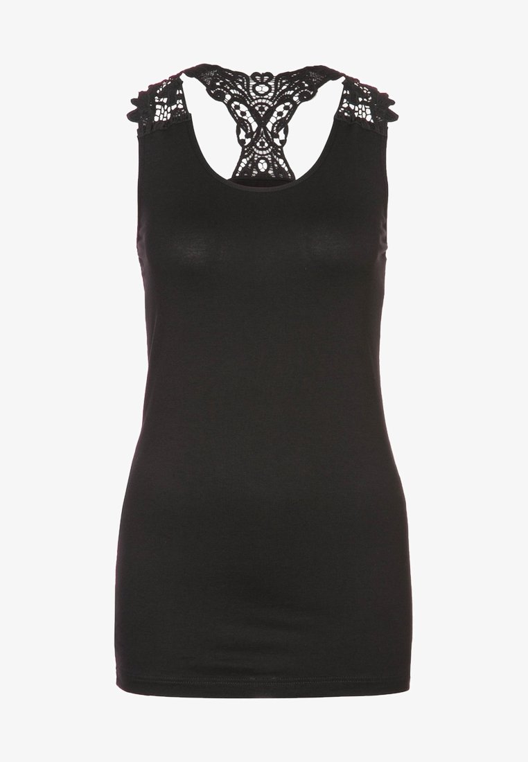 Black sleeveless top made of smooth fabric, featuring a lace back design with intricate patterns and scalloped edges.
