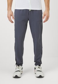 Grå træningsbukser med sorte sidestriber og let, åndbart stof. Har en elastisk talje og er parret med hvide sneakers.