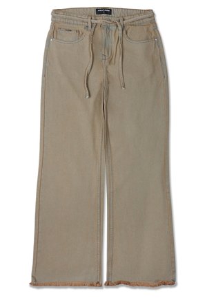 Beige vidde bukser med snoretræk i taljen. Lavet af denim, med flossede kanter og kontrasterende syninger på lommerne.